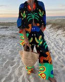 the CANCUN - Summer Fashion Printed Casual Loose Street Button Shirt Wide Leg Pants Two-Piece Set