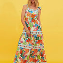 the BRADY BOHO - Summer Spaghetti Strap Long Boho Sleeveless Low Cut Beach Fashion Floral Print Tie Up Pleated Dress
