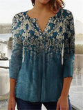 the FLOWER SHOP - Women's Vintage Floral Print Pleated Button Spring/Summer Fashion V-Neck 3/4 Sleeve Elegant Slim Blouse Tops