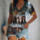the YELLOWSTONE - Horse 3D Print Casual Fashion Short Sleeve V-Neck T-Shirts for Women
