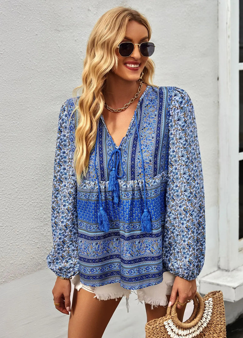 Boho lnspired Pink Floral Blouse Women V-neck Tassel Long Sleeve Bohemian Women Tops New Summer Fashion  Blouse Shirt For Women