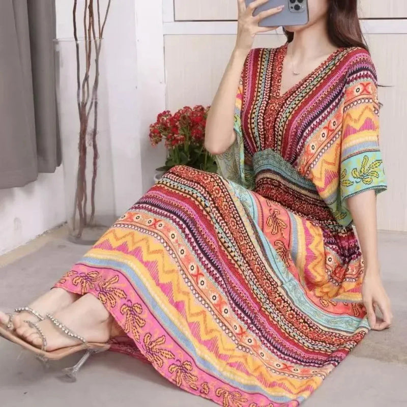 Casual Elegant Retro Bohemian National Style V-neck Elastic  Waist Large Swing Printed Summer Long Skirt Woman Dress Clothes