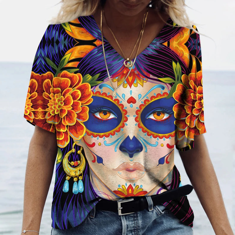 2023 Vintage Skull Face Women's T Shirt Tops V Neck Casual Cotton Short Sleeve Pullover Summer Female Harajuku Punk Streetwear