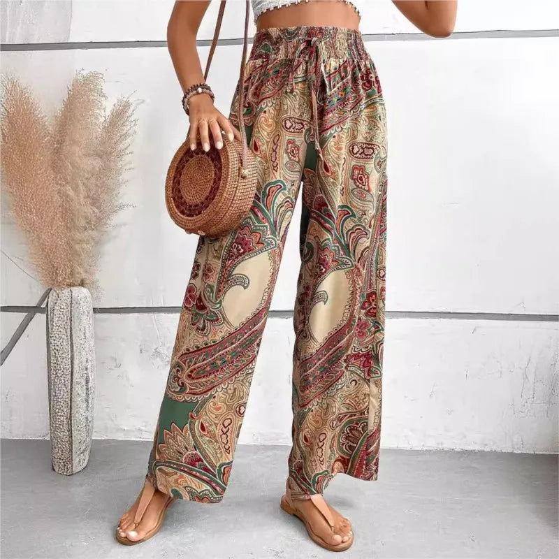 Women's Pants 2024 Summer New Fashion Versatile Printed Elastic Waist Wide Leg Pants Retro Ethnic Style Elastic Waist Trousers