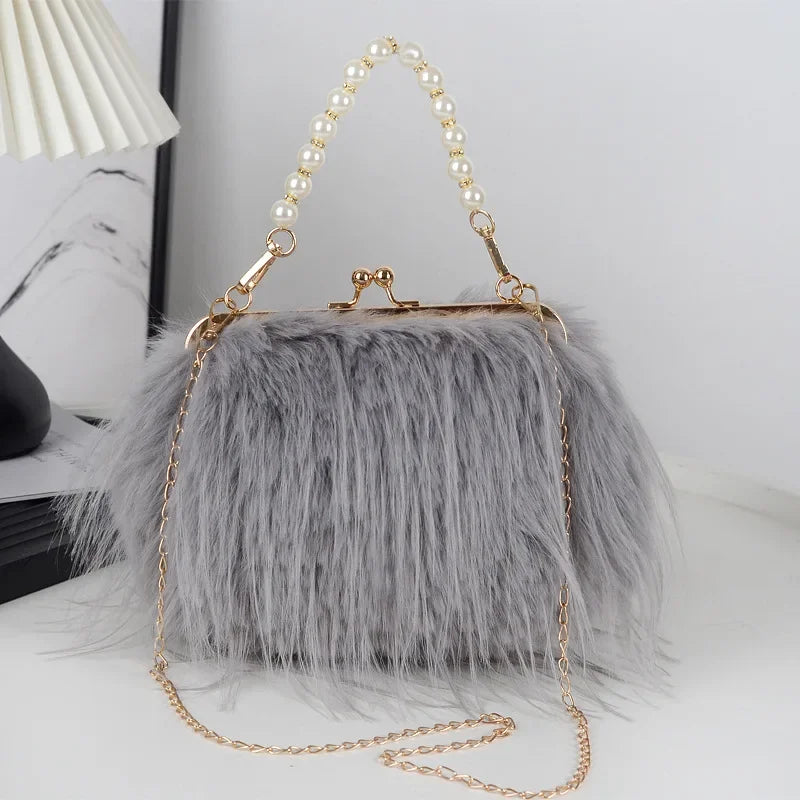 the FURBIE - Designer Women's Handbag with Tassel, Luxury Plush Evening Bags with Pearl Chain, Ladies Purse Tote Bag, Fashion Crossbody Bag