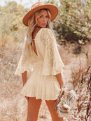 the MINI BOHO - Lace Tunic Sexy Deep V-Neck Button Bikini Cover-Ups Summer Sexy Ruffles Long Sleeves Mini Dresses