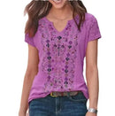 the VINTAGE BOHO - Fashion Casual V-Neck Short Sleeved Bohemian Floral Printed Blouses Loose T-Shirts