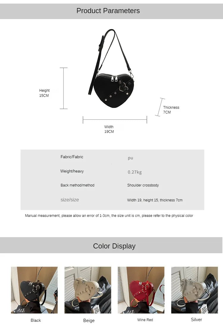 the CROSS MY HEART - Vintage Small Chain Rivet Shoulder Bag, Heart Shaped Purse/Handbag, PU Leather Gothic Tote Bag, Fashion Crossbody Bag