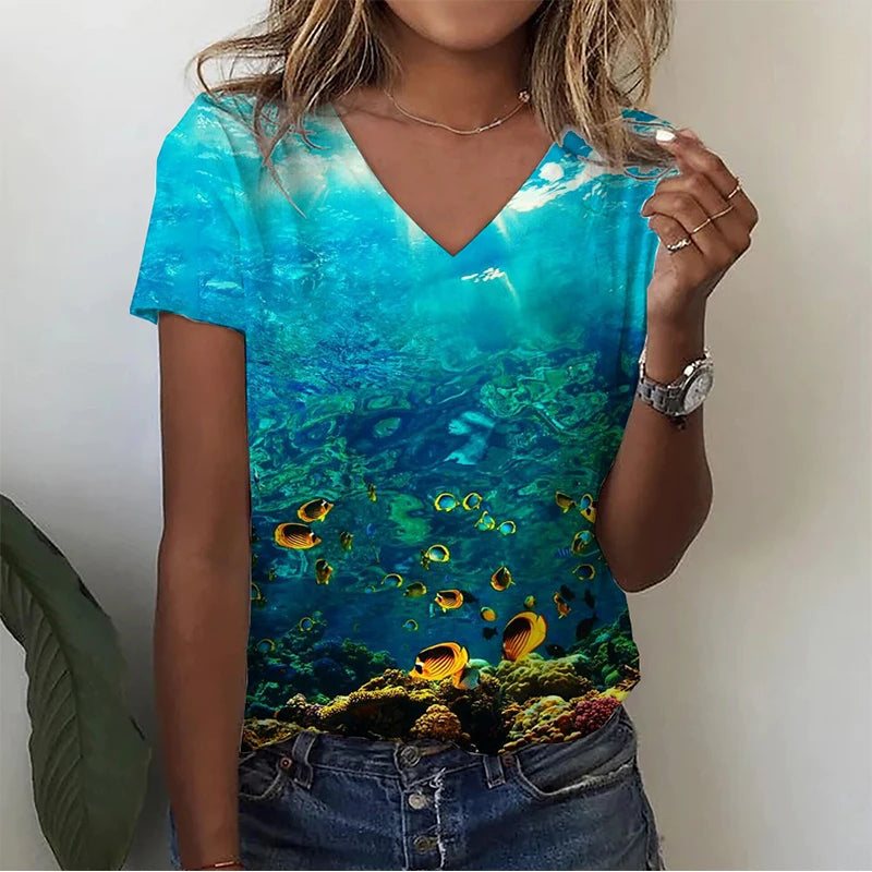 Summer Infauna Shark 3D Print T-shirt Women Streetwear Sea Turtle Shoal T Shirts Y2k Tops Woman V-Neck Tees Oversized Clothing