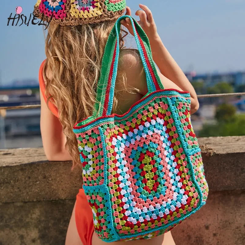 the CANCUN BOHO - Bohemian Crochet Women Shoulder Bags, Knitting Large Capacity Tote Bag, Casual Lady Handbags, Big Shopper Purses/Summer Beach Bags