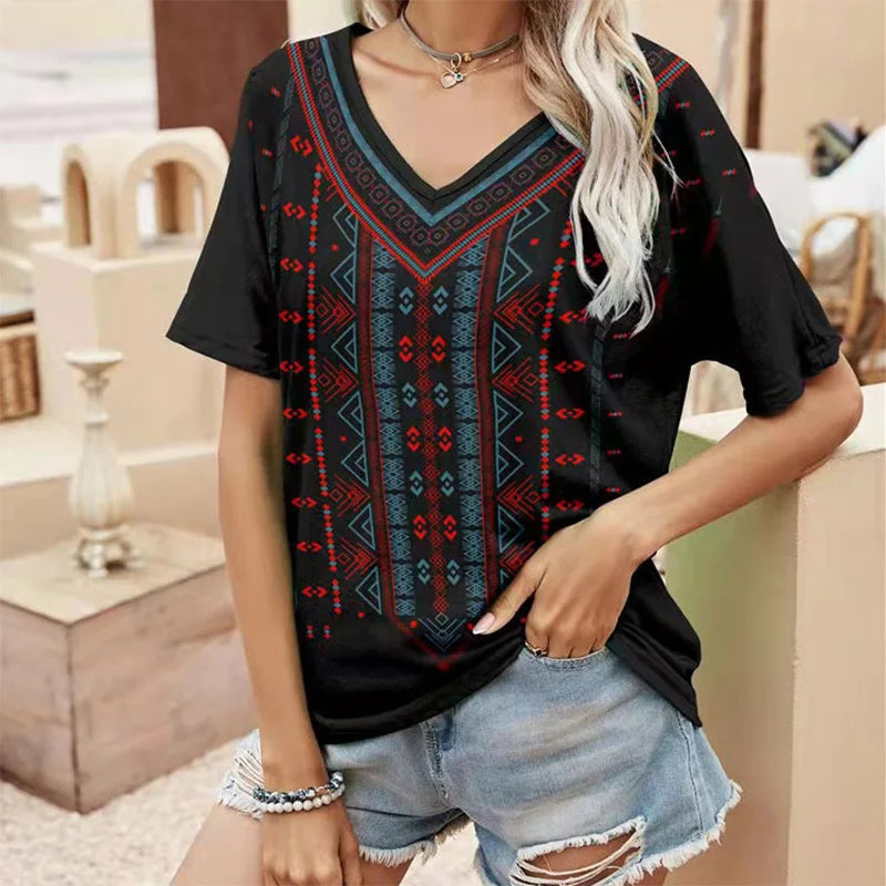 Summer T-shirt Floral Ethnic 3D Print V-Neck Tees Retro Women Tops Boho Streetwear Harajuku Oversized T Shirts Female Clothing