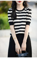 the CASHMERE - Sweater Short Sleeved Striped Sweater Pullover Knitted Cashmere Sweater for Women