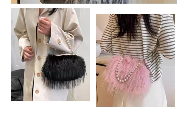 the FURBIE - Designer Women's Handbag with Tassel, Luxury Plush Evening Bags with Pearl Chain, Ladies Purse Tote Bag, Fashion Crossbody Bag