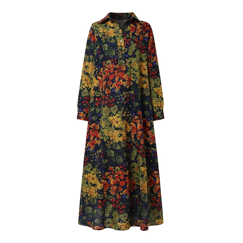 ZANZEA Floral Printed Long Sleeve Cotton Maxi Dress Women Spring 2025 Loose Casual Lapel Neck Shirtdress Streetwear Long Vestido