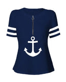 the AHOY - Summer Fashion Anchor Print Zipper Front Casual V-Neck Short Sleeve Shirt for Women
