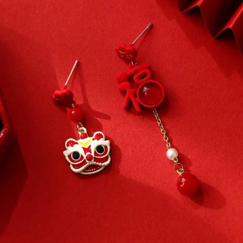 the GOOD FORTUNE - Chinese Style Red Little Lion Bell Pendant Earrings for Women, The Year of The Dragon Festive Jewelry Gifts