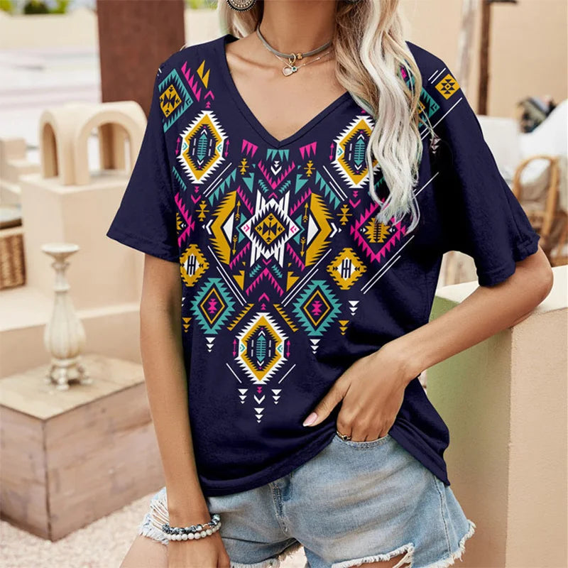 Summer T-shirt Floral Ethnic 3D Print V-Neck Tees Retro Women Tops Boho Streetwear Harajuku Oversized T Shirts Female Clothing