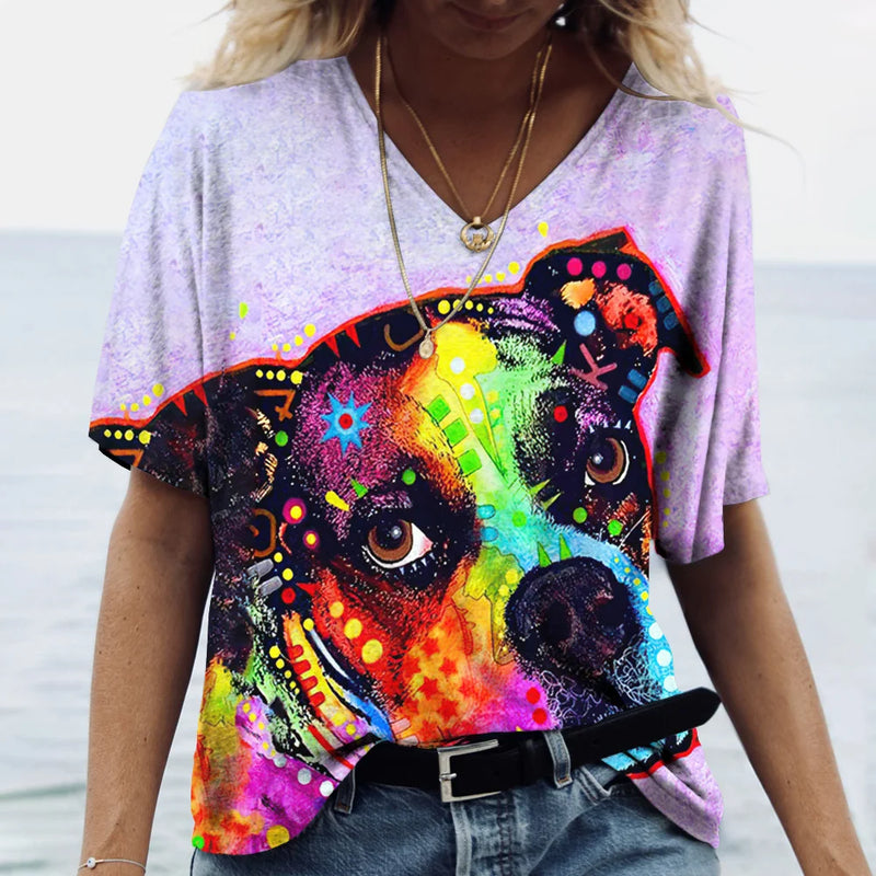 Summer New Women's V-neck Top Short Sleeve T-shirts 3D Cute Dog Print Casual Lovely Harajuku Versatile Y2K Clothes European Size