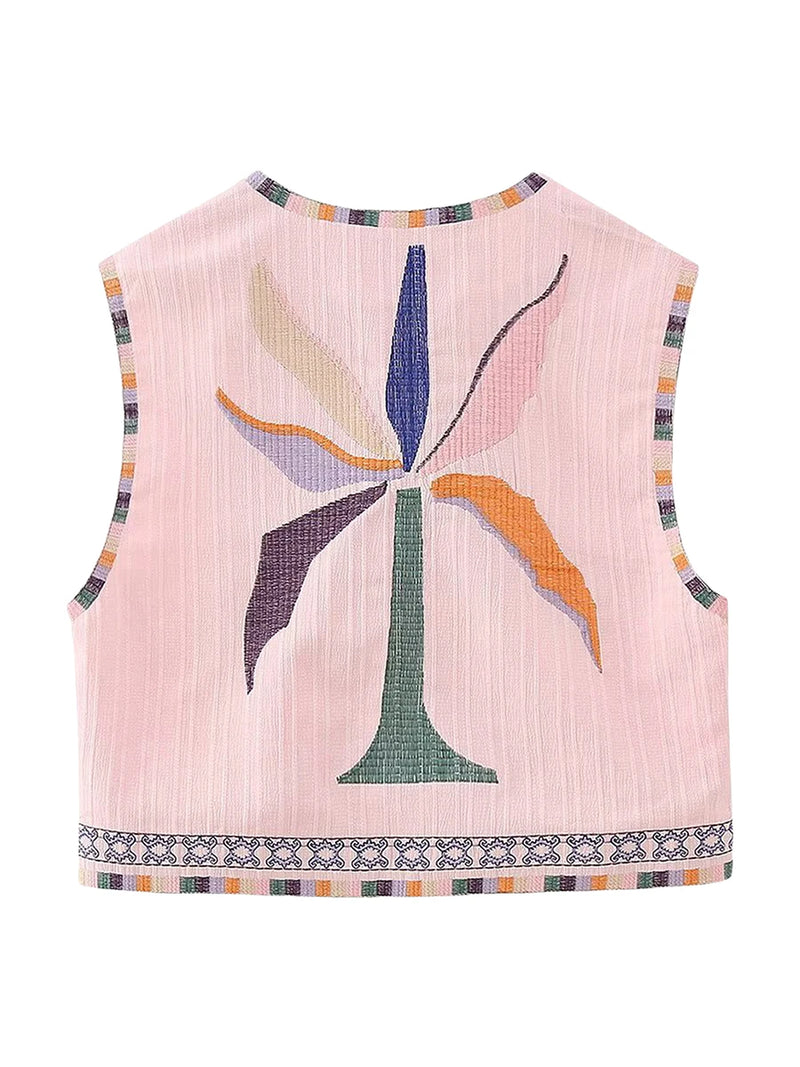 the STITCH BOHO - Women's Vintage Floral Pattern Embroidered Vest Sleeveless Open Front Versatile Short Outerwear Boho Cardigan Crop Vests