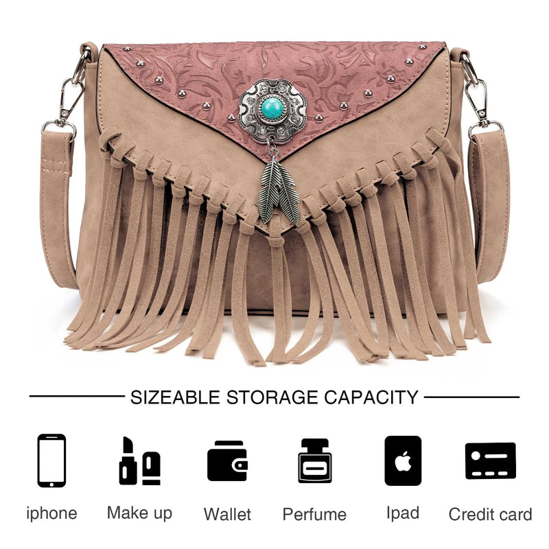 the WESTERNER - Original Design Shoulder Bag for Women, PU Leather Luxury Clutch Designer Handbags, Western Purse Fringe Messenger Bag