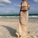 the BELLY DANCER - Sexy Boho Backless Matching Suit 2 Piece Beach Outfits Vintage Ruched Halter Cami Tops + Maxi Long Skirt