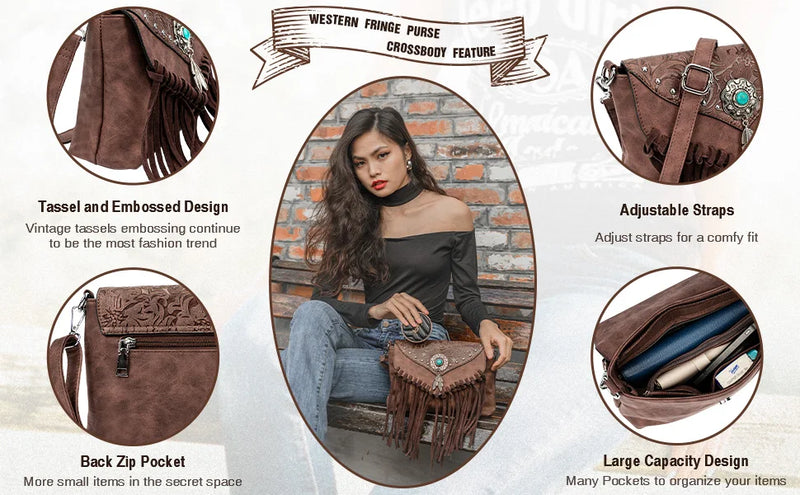 the WESTERNER - Original Design Shoulder Bag for Women, PU Leather Luxury Clutch Designer Handbags, Western Purse Fringe Messenger Bag