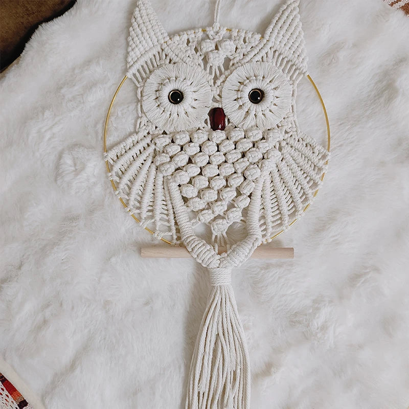 the MACRAME OWL - Owl Tapestry Hand-Woven Owl Dream Catcher Wall Hanging Macrame Mandala Tassel Boho Decor, DIY Apartment Dorm Room Home Decoration