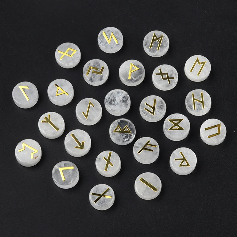 the RUNES - 25pcs Natural Crystal Runes Signs Round Stone Runic Alphabets Letters Sacred Symbol Healing Gem Energy Amulet Reiki Chakra Set