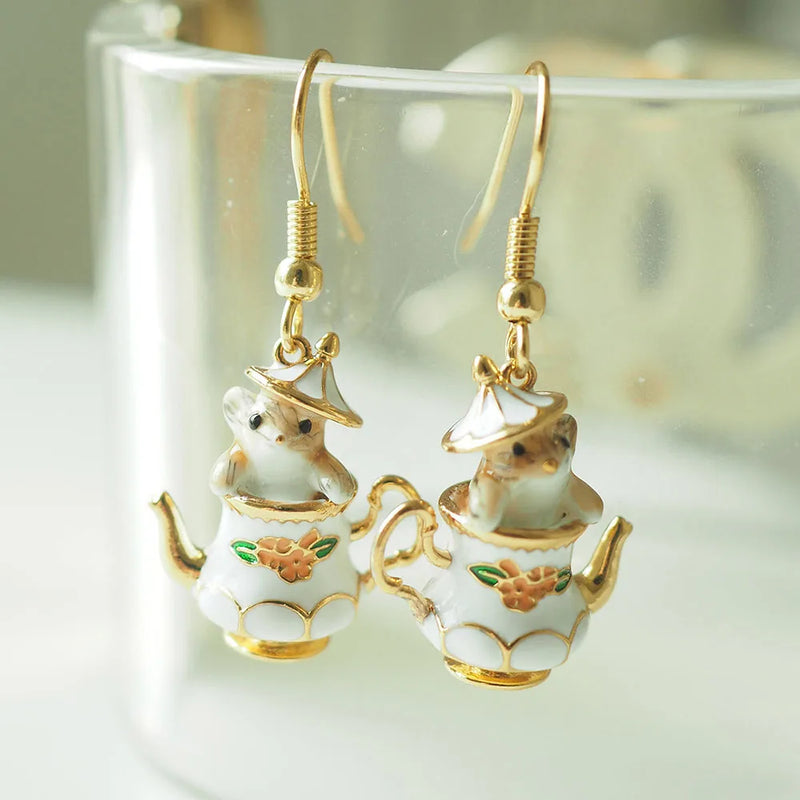 the MOUSE'S TEACUP - Fashion Enamel Mouse French Teapot Earrings/Necklace for Women, Accessories Style Jewelry Charm