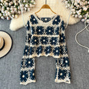 the EMBROIDED DAISY - Crochet Knit Sweater Long Sleeve Sheer Open-Knit Crop Knit Top Pullover for Women