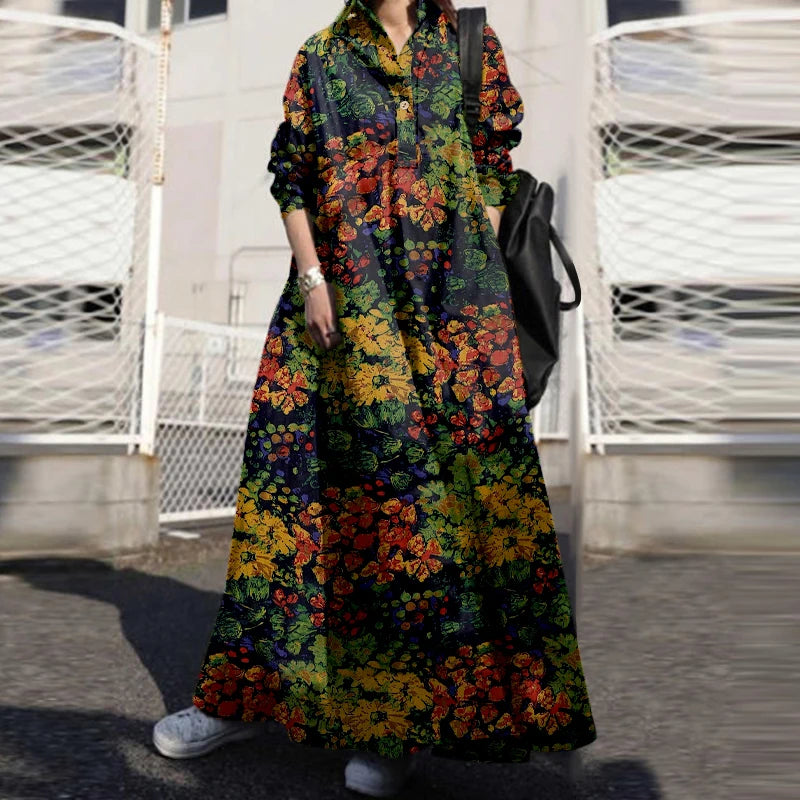 ZANZEA Floral Printed Long Sleeve Cotton Maxi Dress Women Spring 2025 Loose Casual Lapel Neck Shirtdress Streetwear Long Vestido