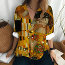 the GALLERIA - Van Gogh's Oil Painting Print Sunflower Pattern Long Sleeved Shirt Loose Lapel Blouse