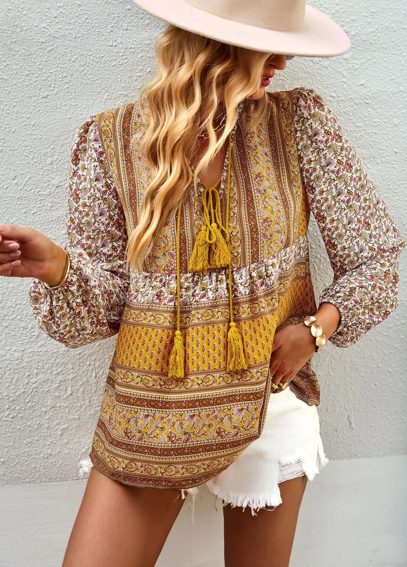 Boho lnspired Pink Floral Blouse Women V-neck Tassel Long Sleeve Bohemian Women Tops New Summer Fashion  Blouse Shirt For Women