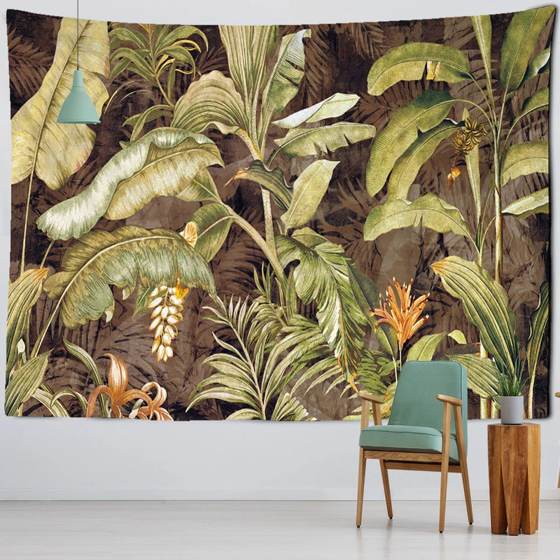 the JUNGLE - Tropical Plants Banana Leaf Tapestry Wall Hanging, Boho Home Room Decor