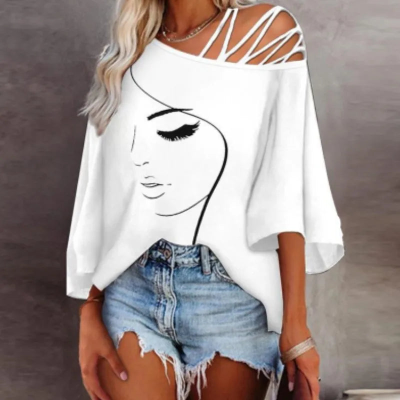 Women's Fashion Tees Casual Top 2023 Summer Print Hollow Out Female Sexy Loose T-shirt S-XXL