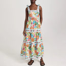 the BRADY BOHO - Summer Spaghetti Strap Long Boho Sleeveless Low Cut Beach Fashion Floral Print Tie Up Pleated Dress