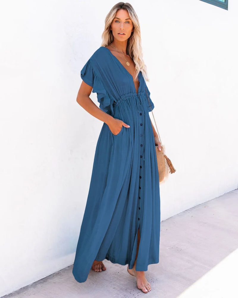 2024 Summer Long Bikini Cover Ups for Women Solid V-Neck Kimono Beach Dresses Lace Up Anti-Sun Swim Dress Bohemian Sarong Skirt