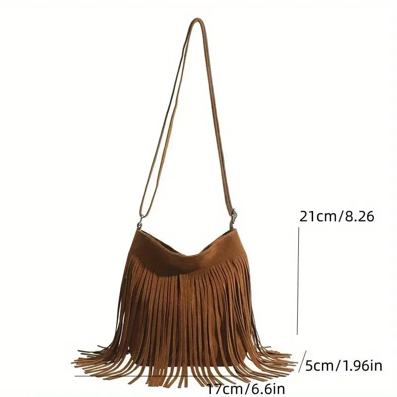 the TASSEL BOHO - Boho Style Fringe Crossbody Bag, Vintage Suede Shoulder Bag, Women's Large Capacity Casual Fringe Postman Shoulder Bag