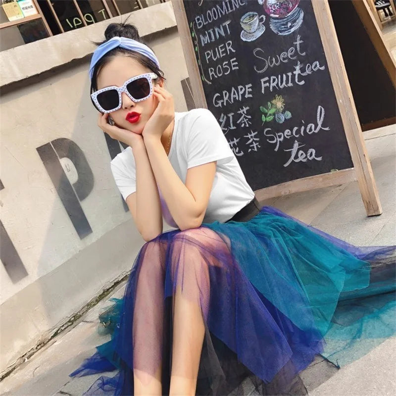 Fashion Summer Tutu Women Skirt Harajuku Tulle Bottom Faldas Casual High Waist Midi Mesh Skirts Woman Clothes Saia Jupe Femme