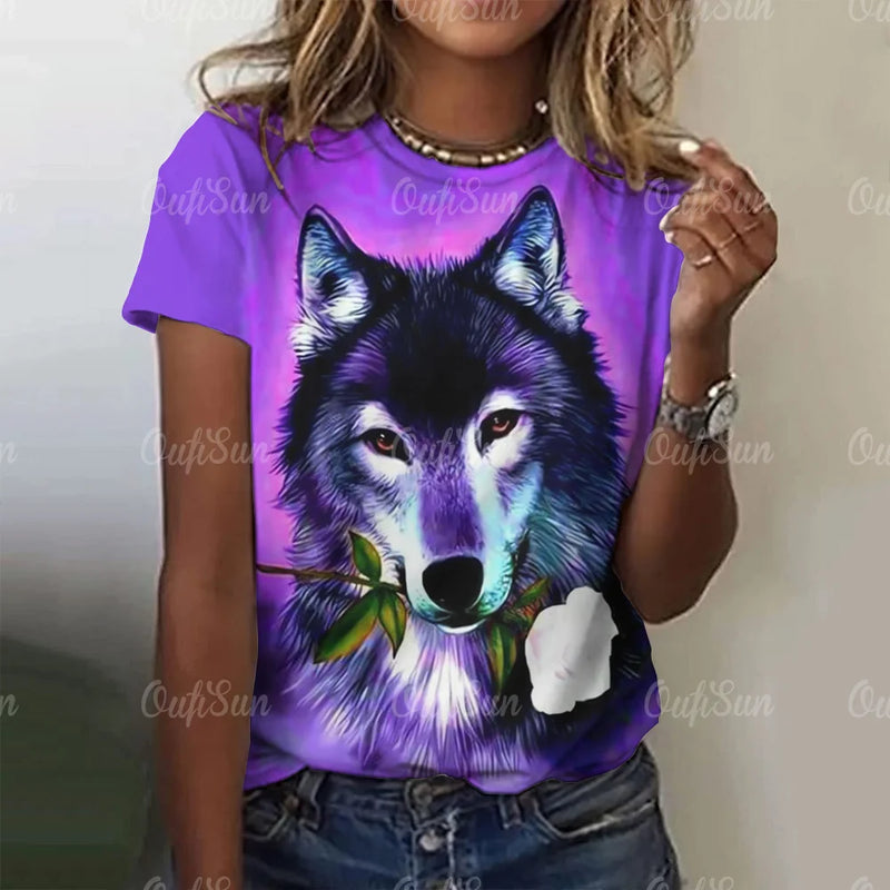 3d Wolf Print Women T-Shirts Summer Fashion Animal Gothic T-Shirt Short Sleeve O-Neck Hip Hop Tee Oversized Woman Clothing