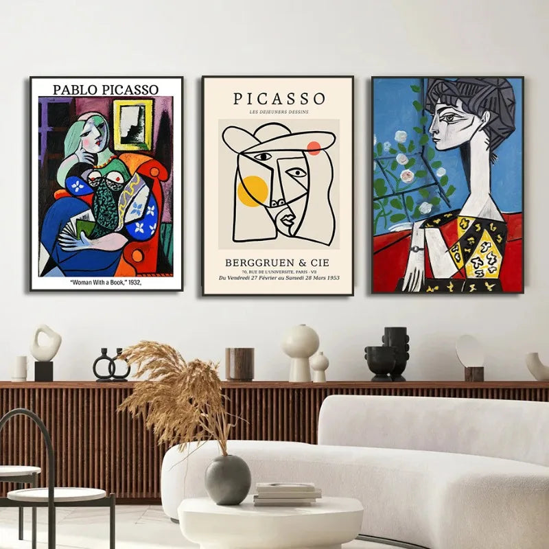 the PICASSO - Pablo Picasso Exhibition Poster Retro Face Canvas Abstract Line Pigeon Sausage Dog Modern Gallery Wall Art Home Decoration