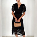 the BROCADE BOHO - Elegant Summer Hollow Out Slim Beach Long Lace Maxi Dress V Neck Puff Sleeve High Waist Dress