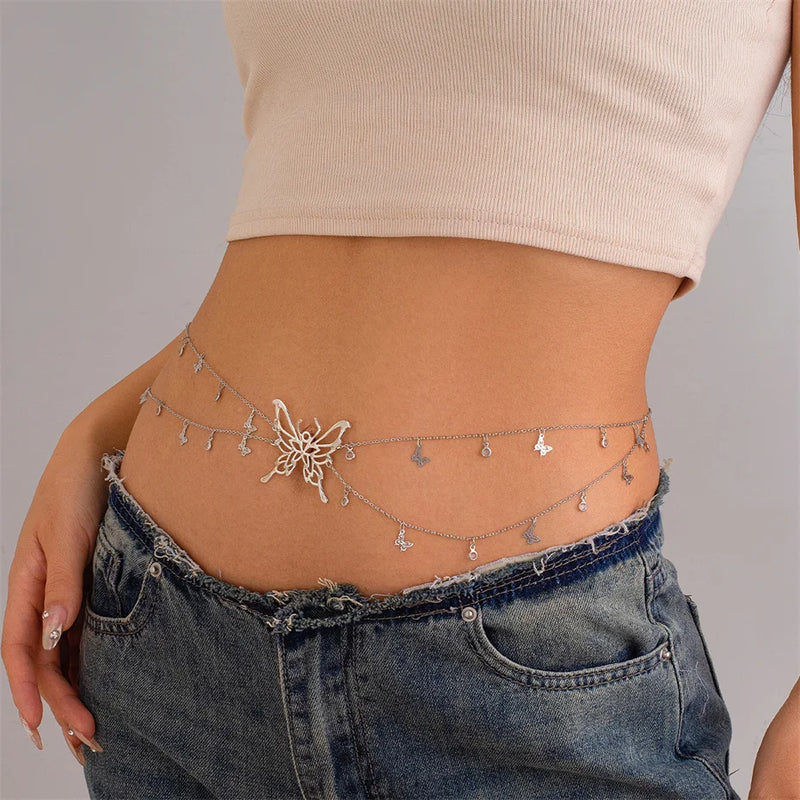 the BUTTERFLY BODY - Boho Sexy Hollow Butterfly Waist Belly Belt Chain for Women, Summer Bikini Crystal Tassel Pendant Link Body Jewelry Gift