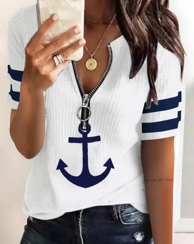 Top Women 2023 Summer Fashion Anchor Print Zipper Front Casual V-Neck Short Sleeve Daily T-Shirt Top Y2K Clothes