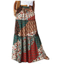 New Long Skirt Retro Skirt Loose Casual High Waist Skirt Bohemian Style Patchwork Pleated Pocket Skirt