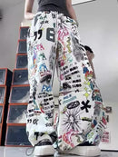 the GRAFFITI - Graffiti Print Pants Chic Fashion Harajuku Drawstring Wide Leg Trousers Loose Sweatpants Streetwear