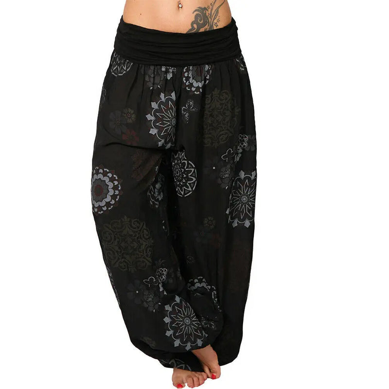 Summer Women's Fashion Floral Print Long Wide Leg Pants  Elastic Waist Haren Pants Casual Pants Haren Pants