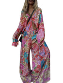 the AMARYLLIS - Bohemia Print Shirt/Pants Sets Lapel Long Sleeve Single Breasted Shirts High Waist Wide Leg Trouser