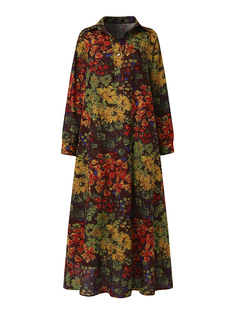 ZANZEA Floral Printed Long Sleeve Cotton Maxi Dress Women Spring 2025 Loose Casual Lapel Neck Shirtdress Streetwear Long Vestido