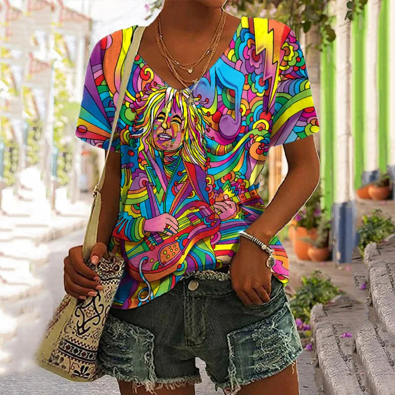 T-shirts For Women Summer 2024 Hippie Women's T Shirt Sequin Top Fashion Short Sleeve Print Tops Large Size Loose Tees Shirt